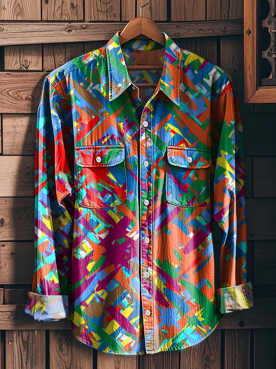 Abstract Color-Blocked Graffiti Print Casual Long-Sleeved Shirt
