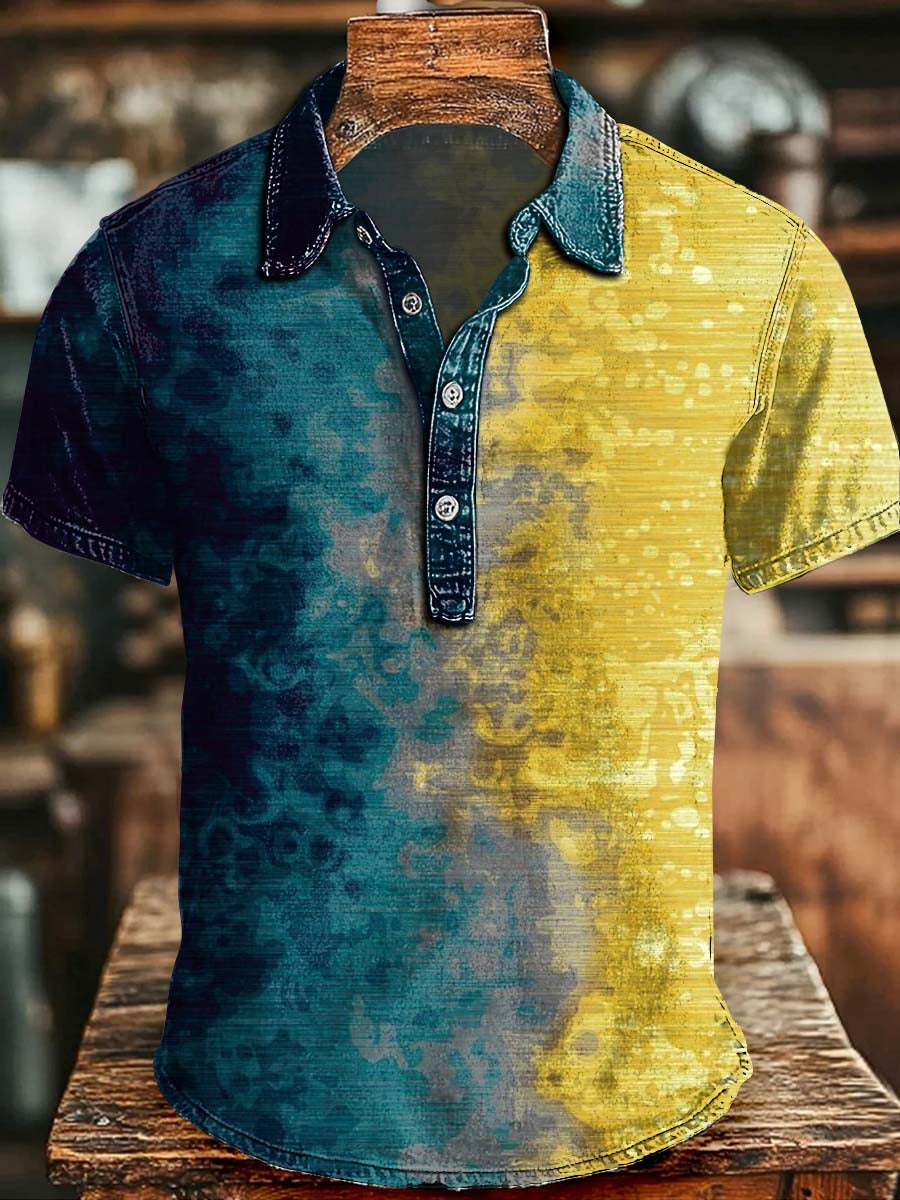 Tie-Dye Patchwork Print Casual Short-Sleeved Polo Shirt