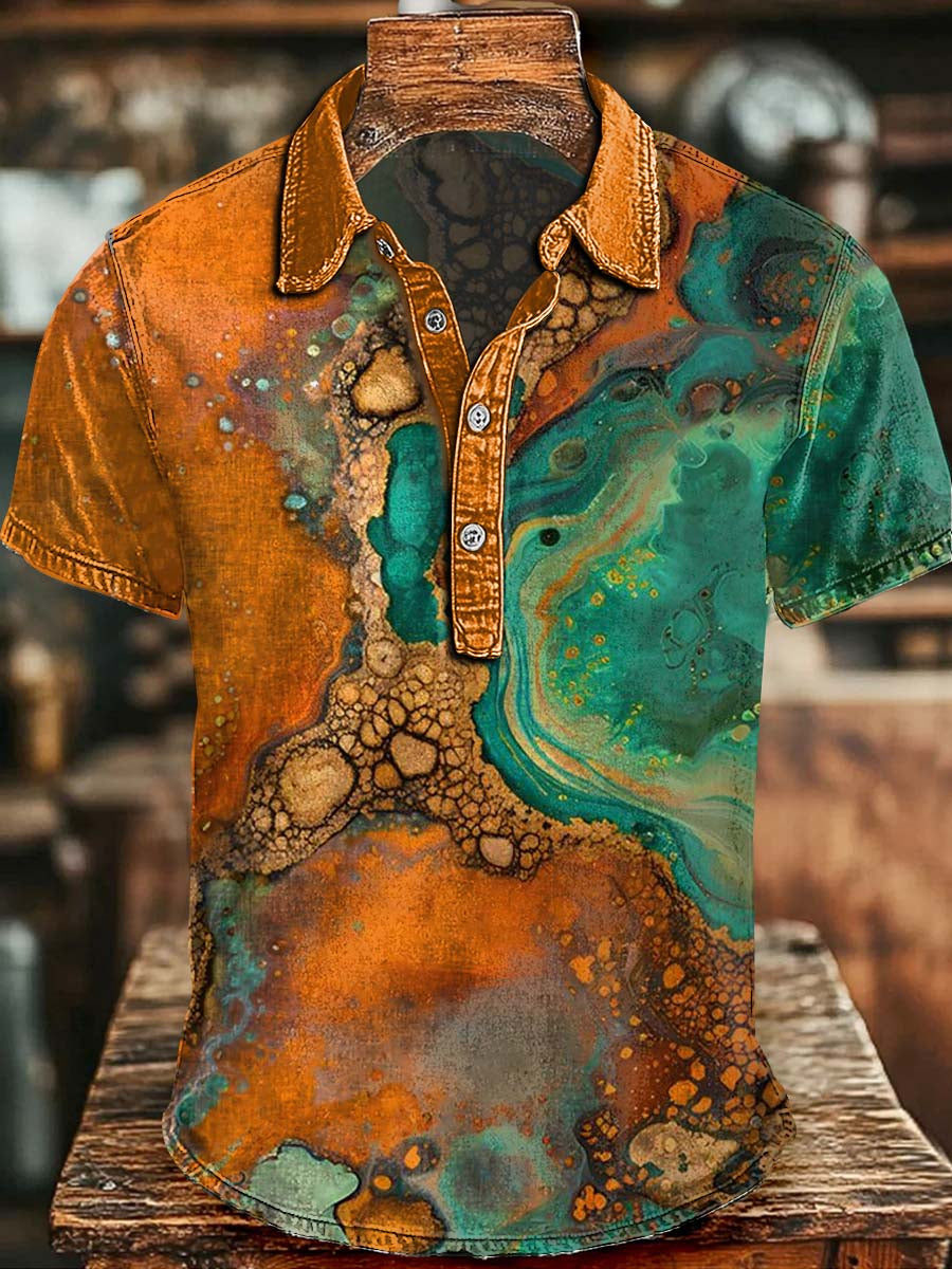 Color-Blocked Fluid Art Print Casual Short-Sleeved Polo Shirt