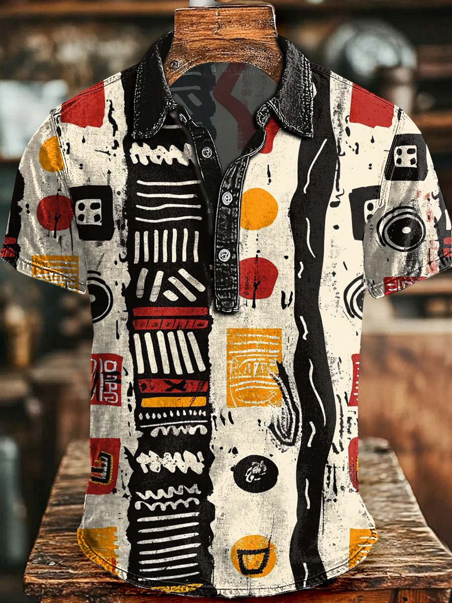 African Tribal Graffiti Print Casual Short-Sleeved Polo Shirt