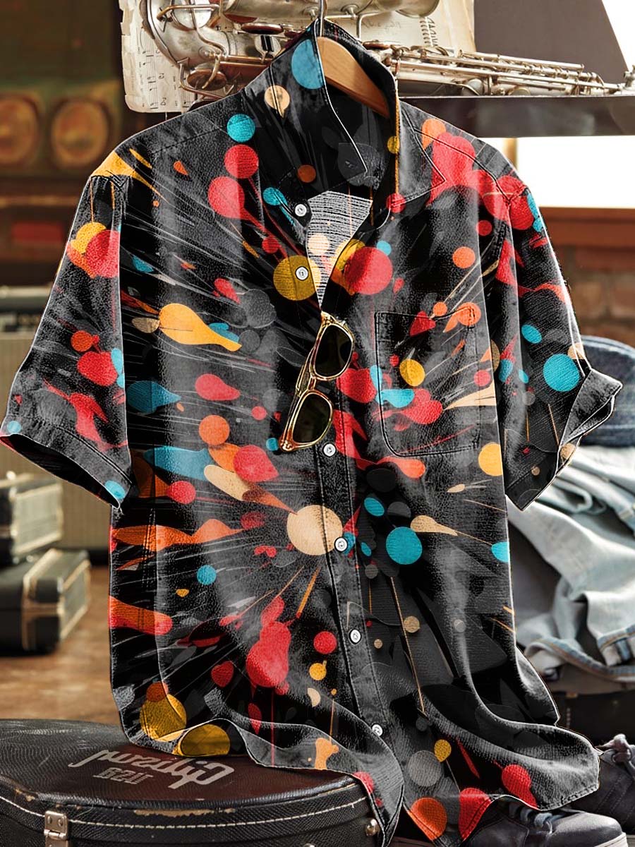 Abstract, Vibrant Radiating Polka Dot Print Casual Short-Sleeved Shirt