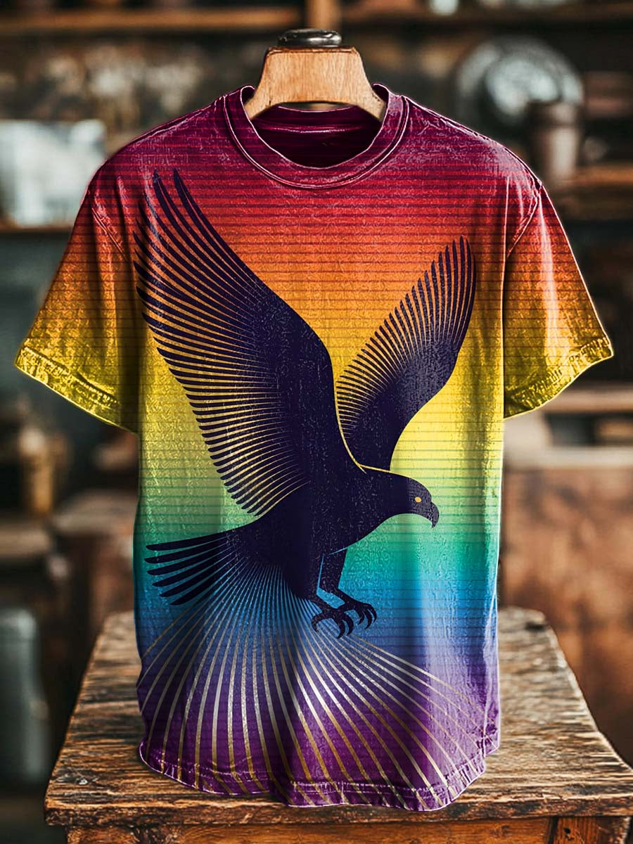 Rainbow Eagle Gradient Print Casual Short-Sleeve T-Shirt