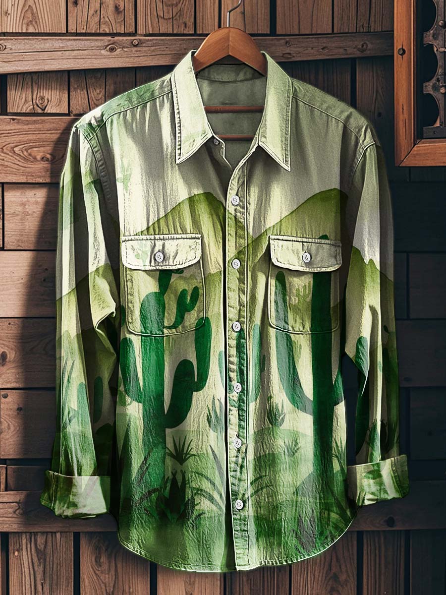 Gradient Cactus Print Casual Long-Sleeved Shirt