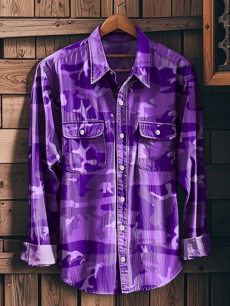 Purple Camouflage Print Casual Long-Sleeved Shirt