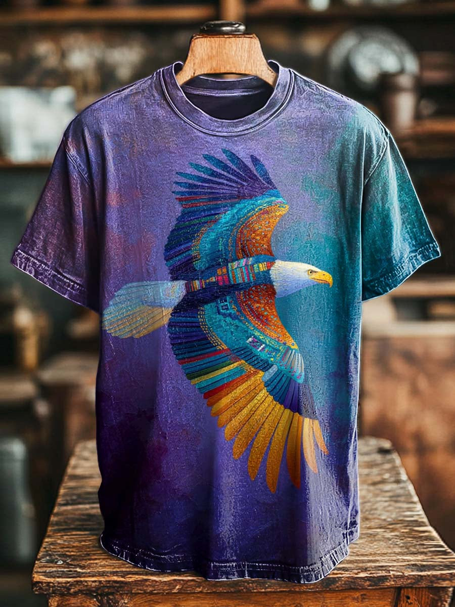 Colorful Textured Patchwork Bald Eagle Print Casual Short-Sleeved T-Shirt