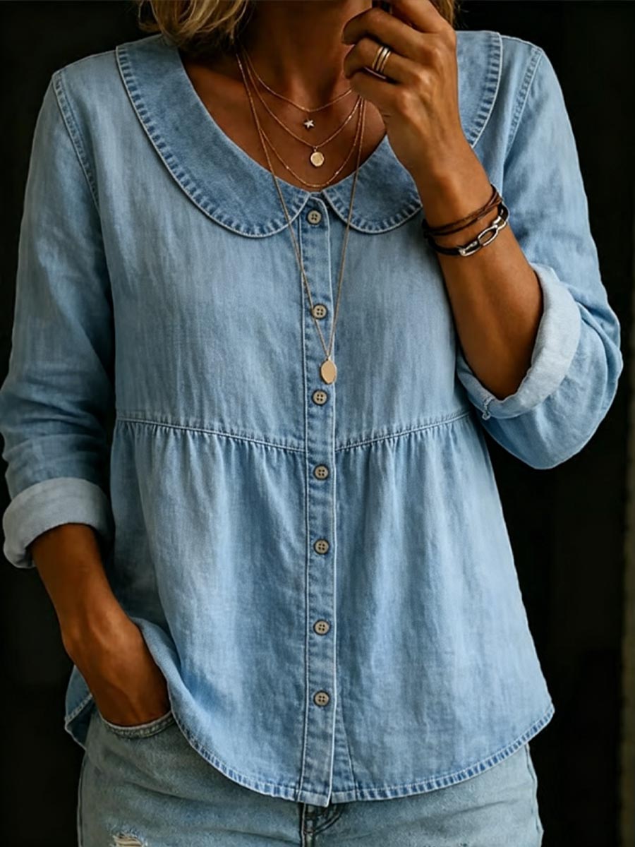 Women's Peter Pan Collar Fitted Waist Long Sleeve Shirt