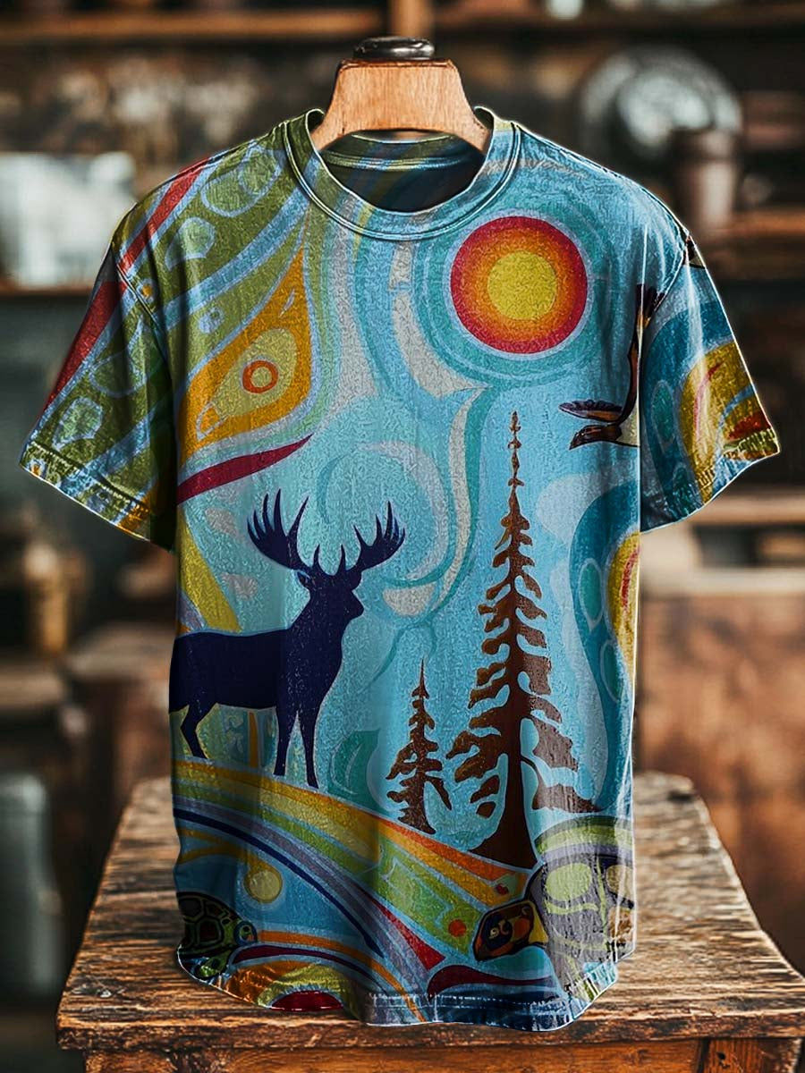Indigenous Forest Deer Print Casual Short-Sleeve T-Shirt