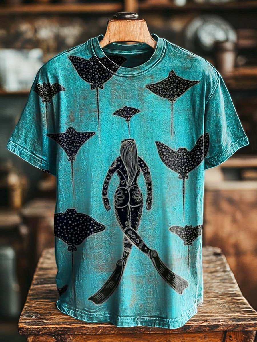 Freediving Manta Ray Print Casual Short-Sleeved T-Shirt