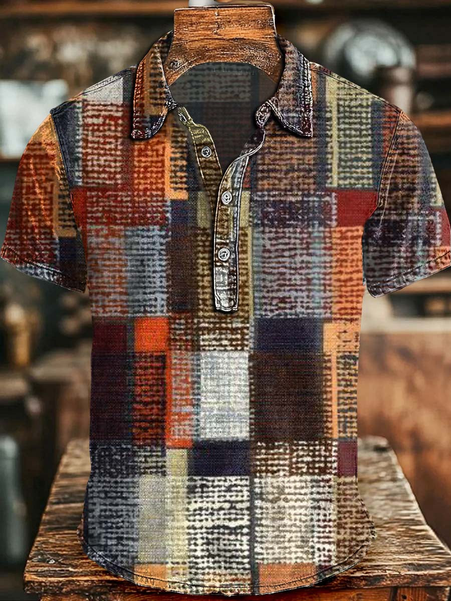 Distressed Plaid Retro Print Casual Short-Sleeved Polo Shirt