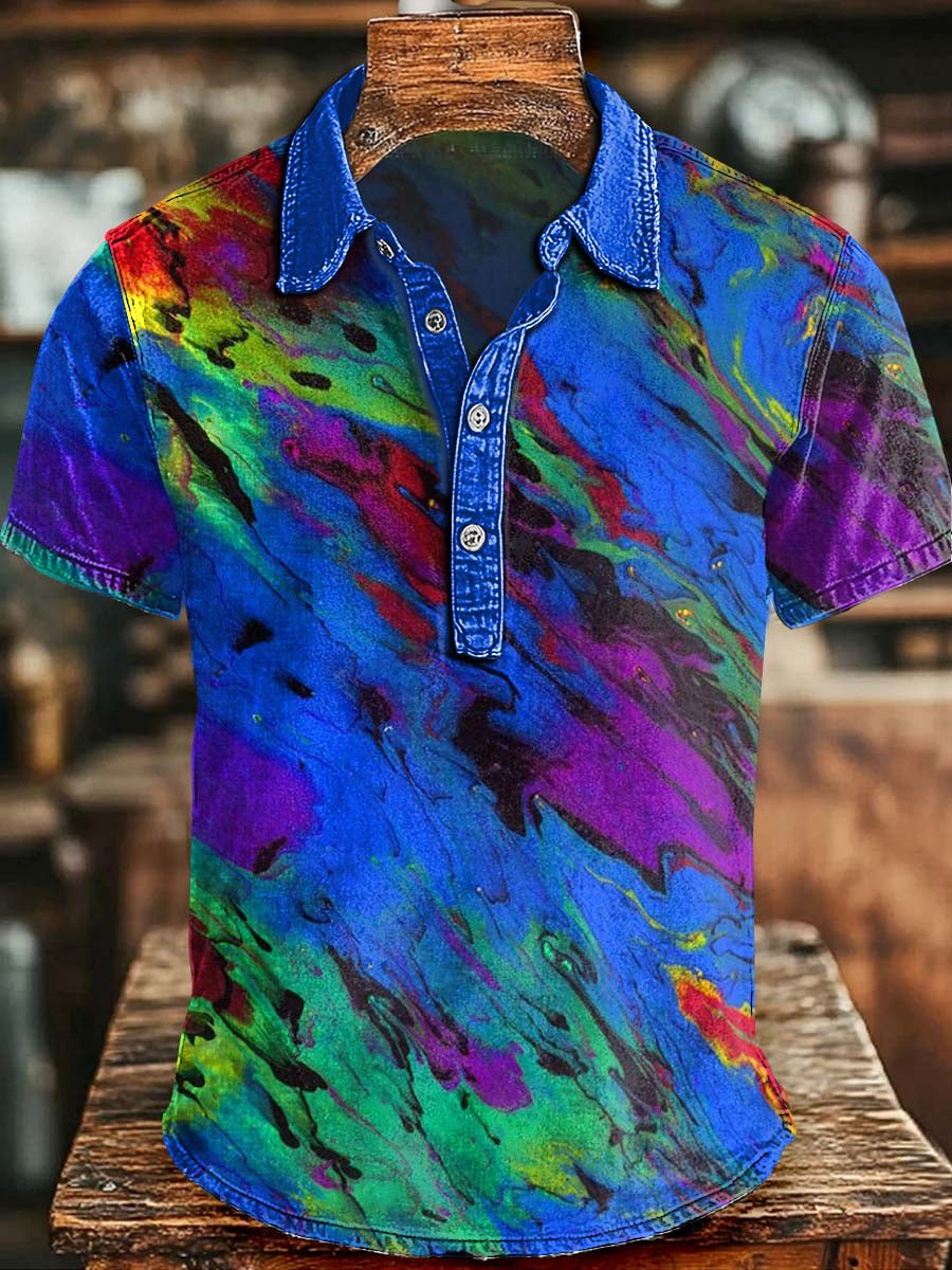 Fluid Tie-Dye Print Casual Short-Sleeved Polo Shirt