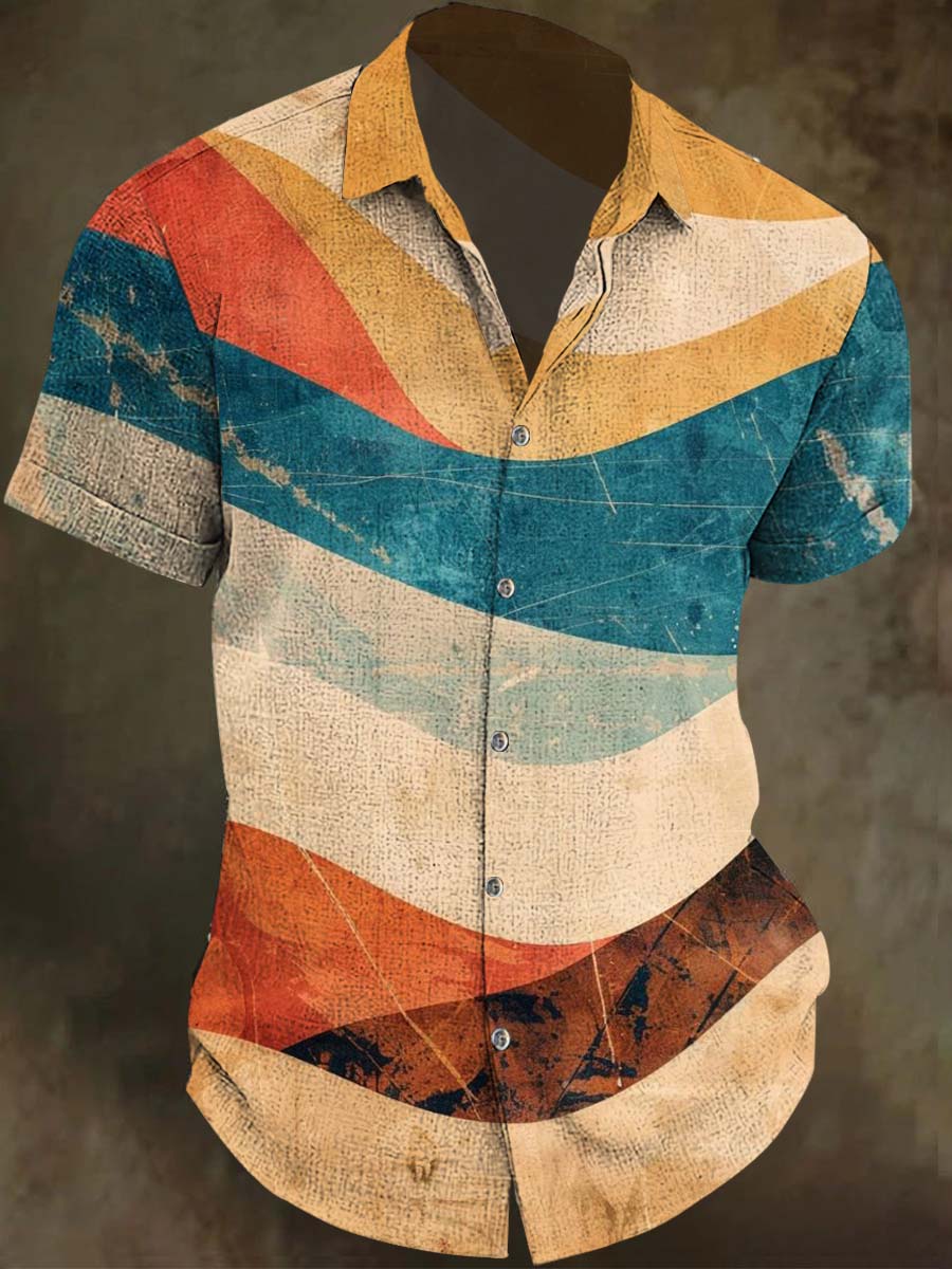 Retro Wavy Striped Print Casual Vacation Short-Sleeved Shirt