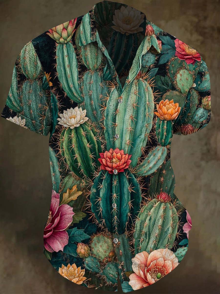 Cactus Floral Print Casual Vacation Short-Sleeve Shirt