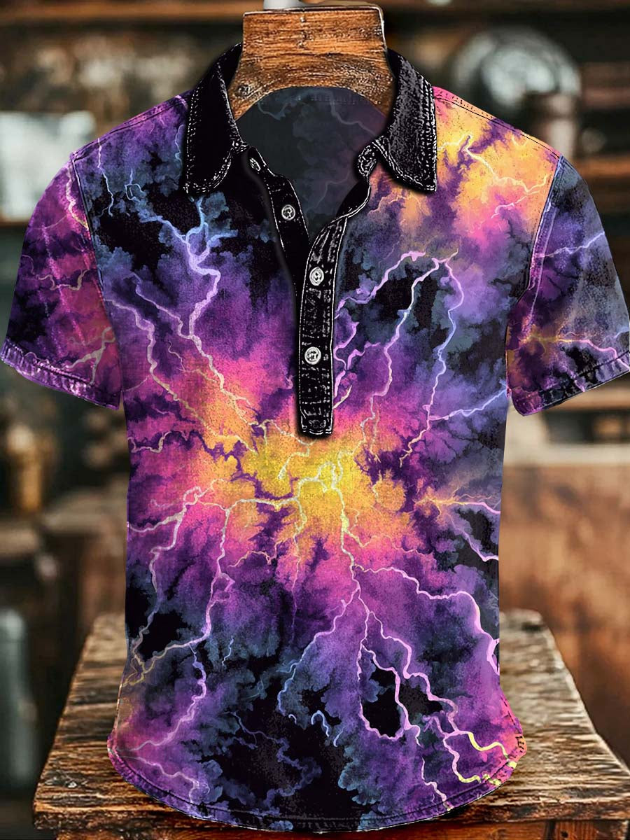 Purple Lightning Storm Print Casual Short-Sleeve Polo Shirt