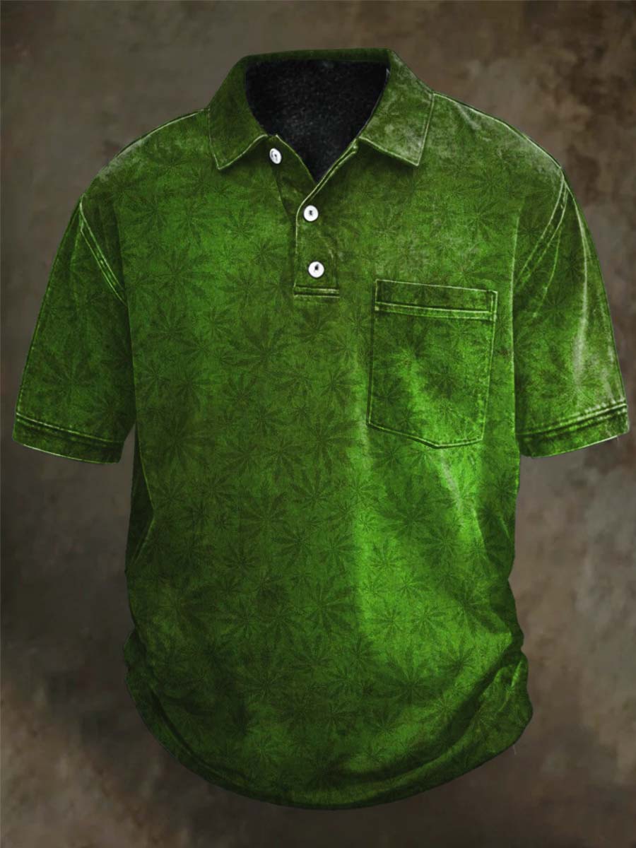 Distressed Hemp Leaf Print Casual Short-Sleeved Polo Shirt