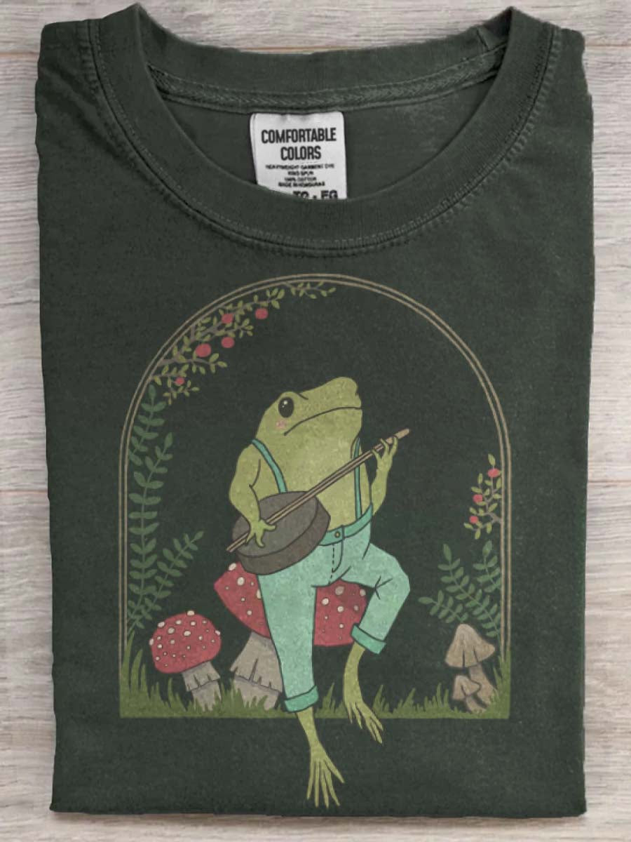 Mushroom Forest Banjo Frog Print Casual Short-Sleeve T-Shirt