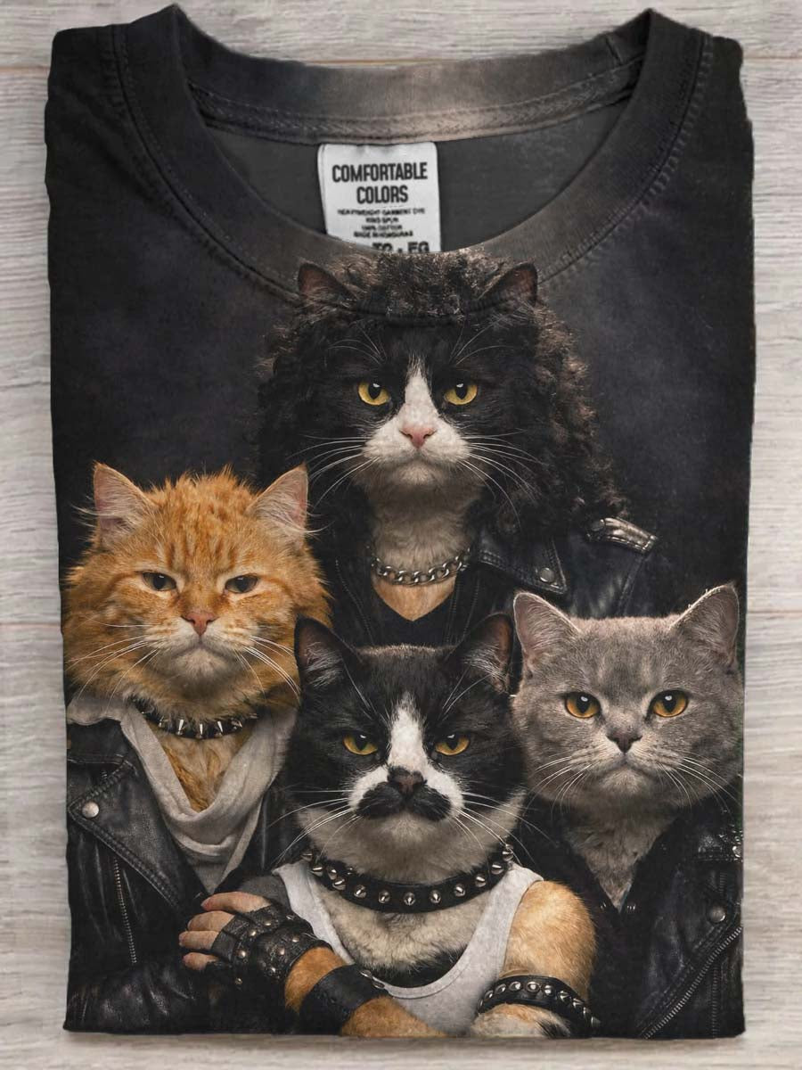 Rock Cats Printed Casual Short-Sleeve T-Shirt