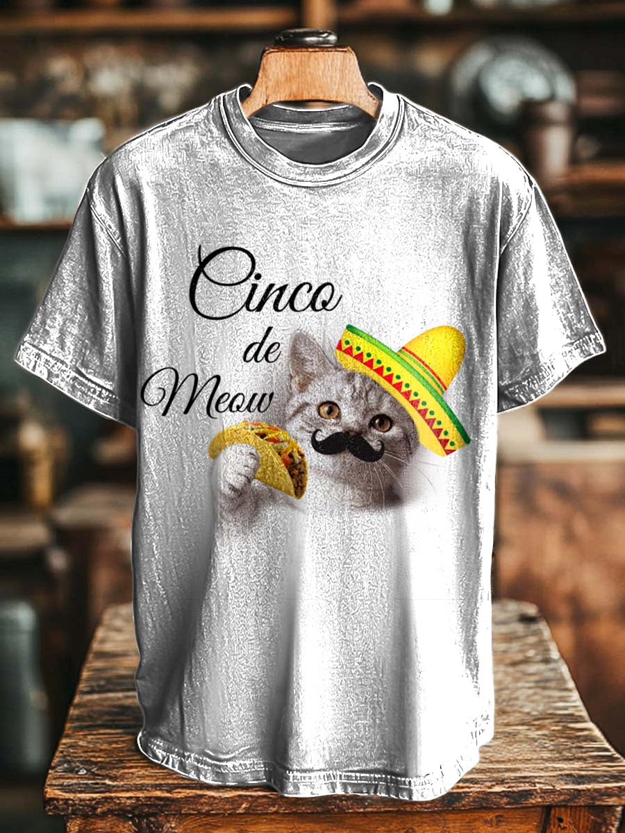 Cinco de Mayo Fun Cat Print Casual Short-Sleeve T-Shirt