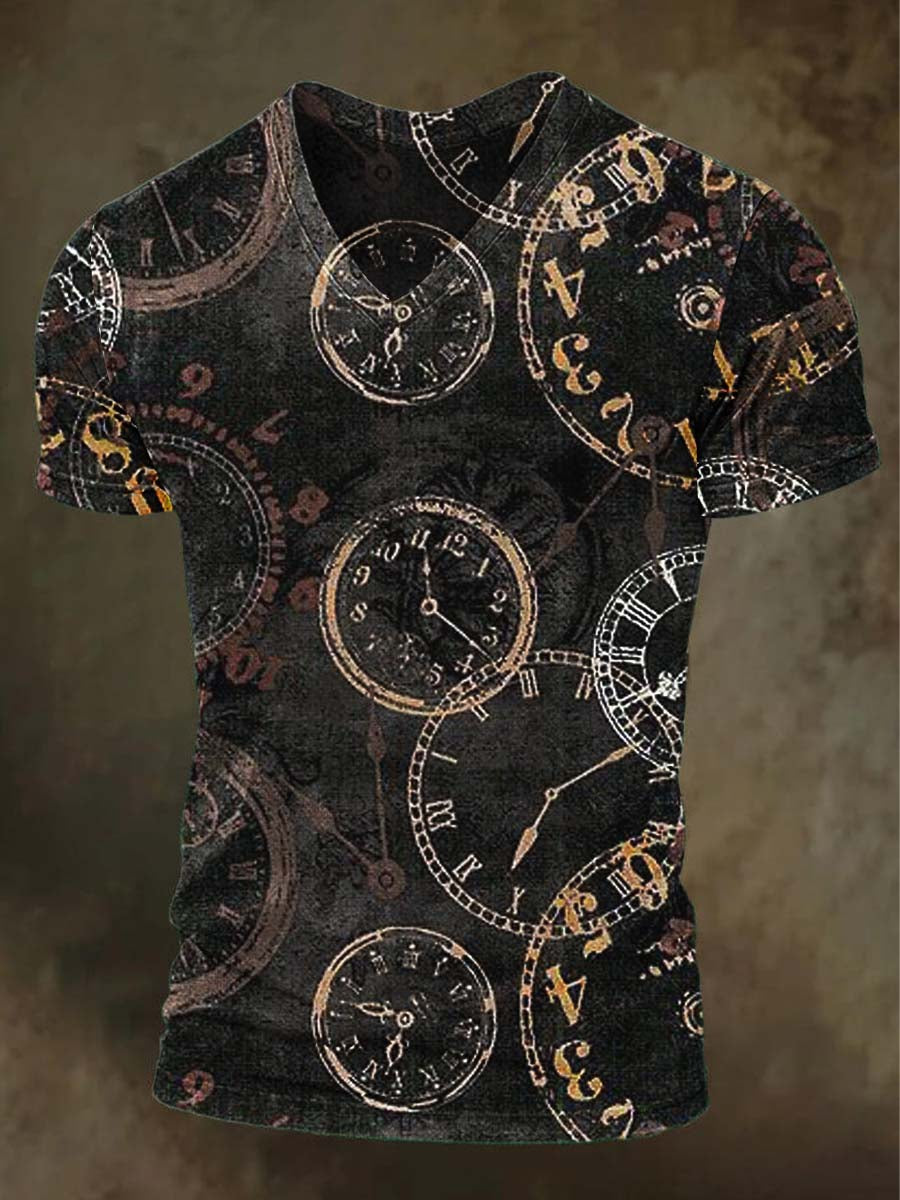 Retro Clock Print Casual V-Neck T-Shirt