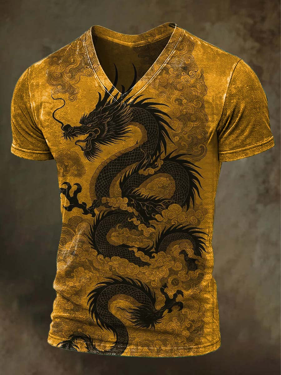Golden Dragon and Auspicious Clouds Printed Casual V-Neck T-Shirt