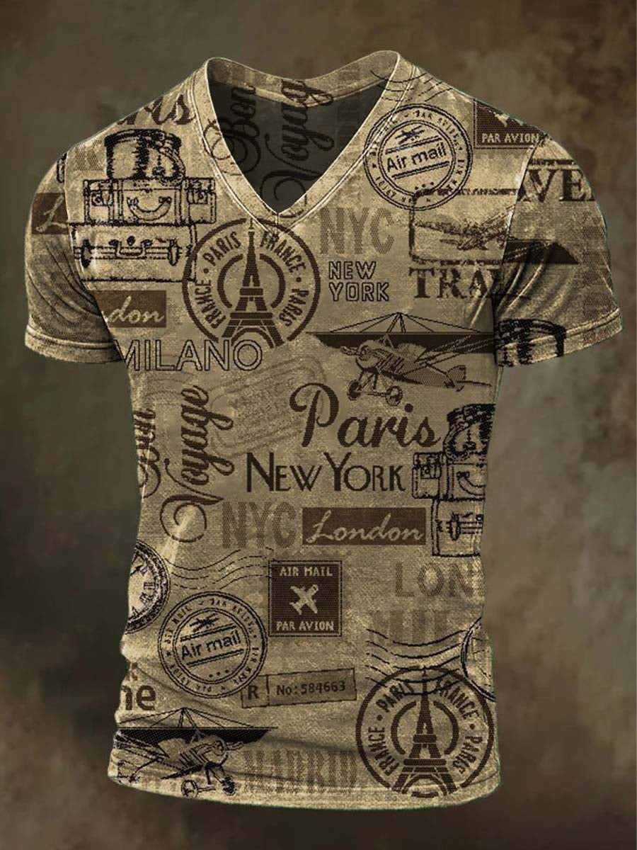 Global City Retro Postmark Print Casual V-Neck T-Shirt