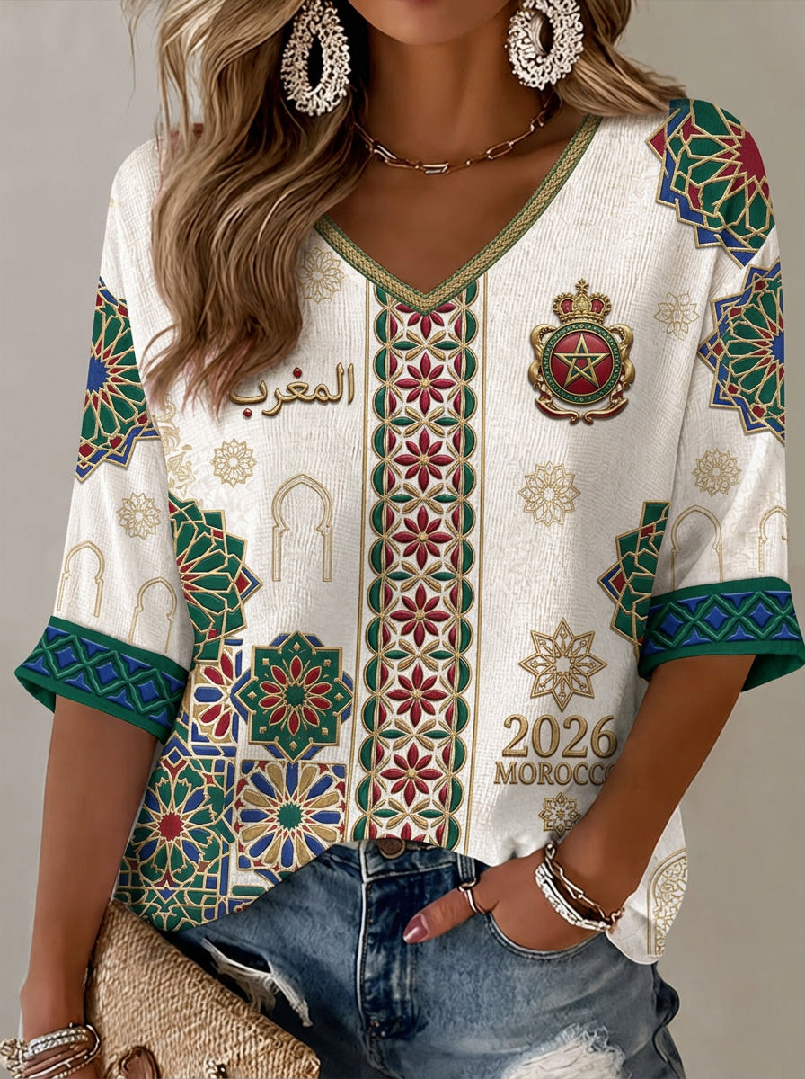 Women's Moroccan Football Fan Casual Printed T-shirt