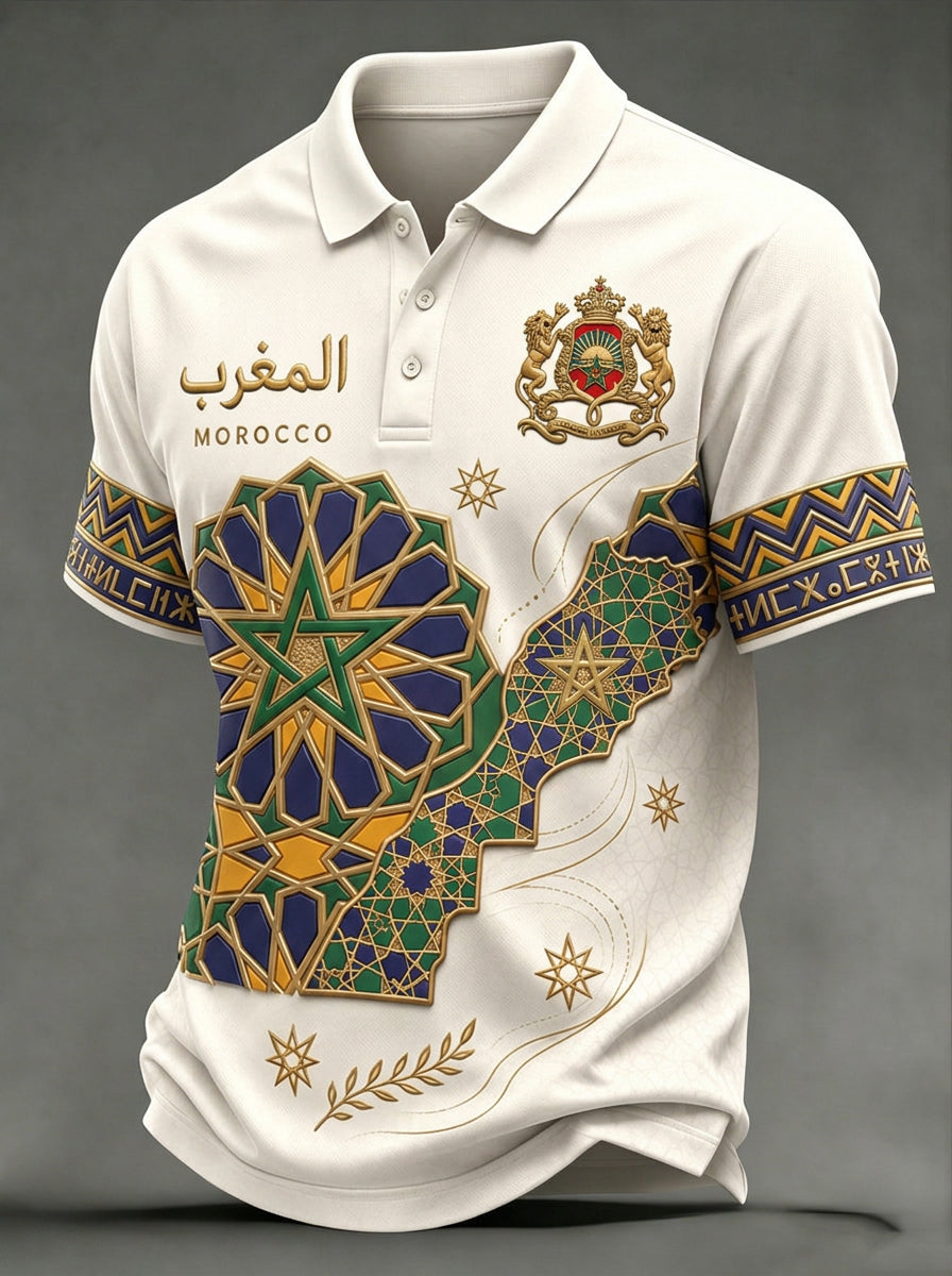 Men's Moroccan Football Fan Casual Printed Polo Shirt