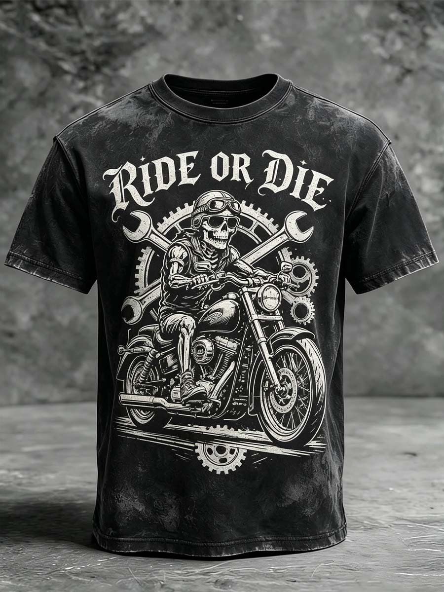 Ride or Die Skull Knight Gear Print Casual Short-Sleeve T-Shirt