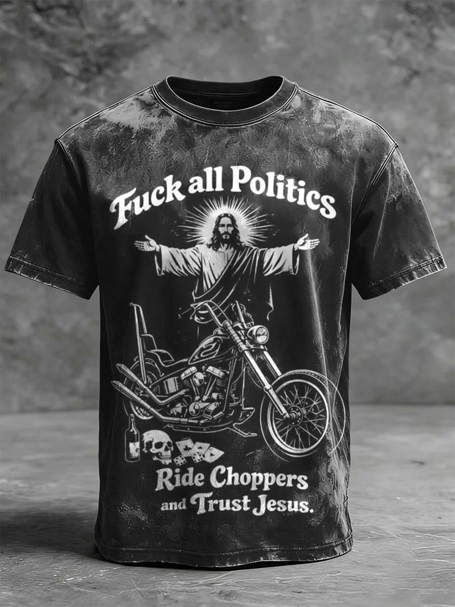 Jesus Chopper Rebellious Slogan Motorcycle Print Casual Short-Sleeve T-Shirt