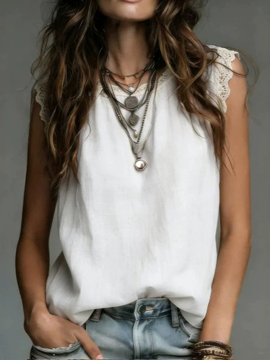 Women’S Lace-Trimmed Round Neck, Sleeveless Cotton-Linen Top