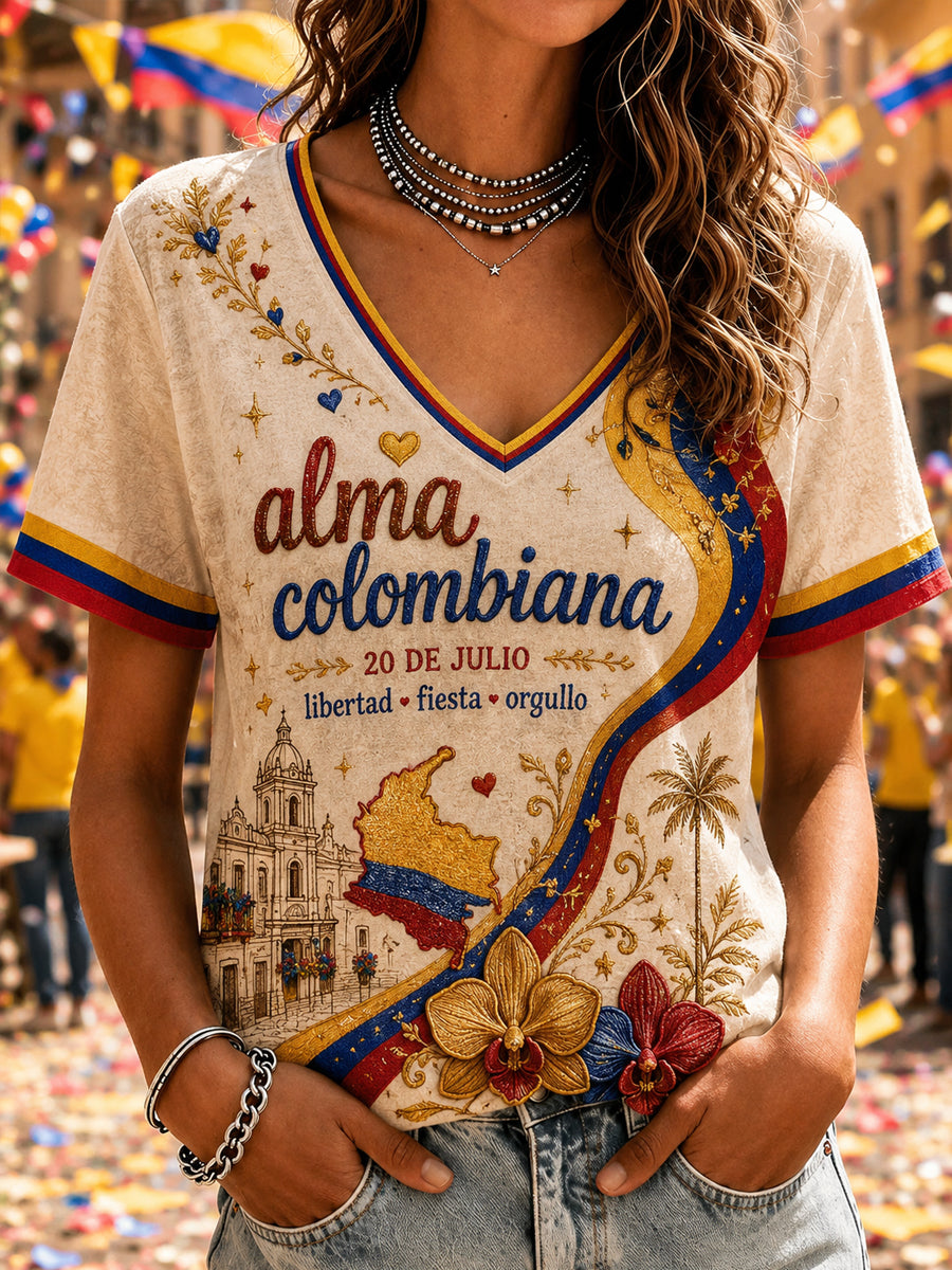 Women’s Colombian Independence Day Print Casual Short-Sleeve T-Shirt