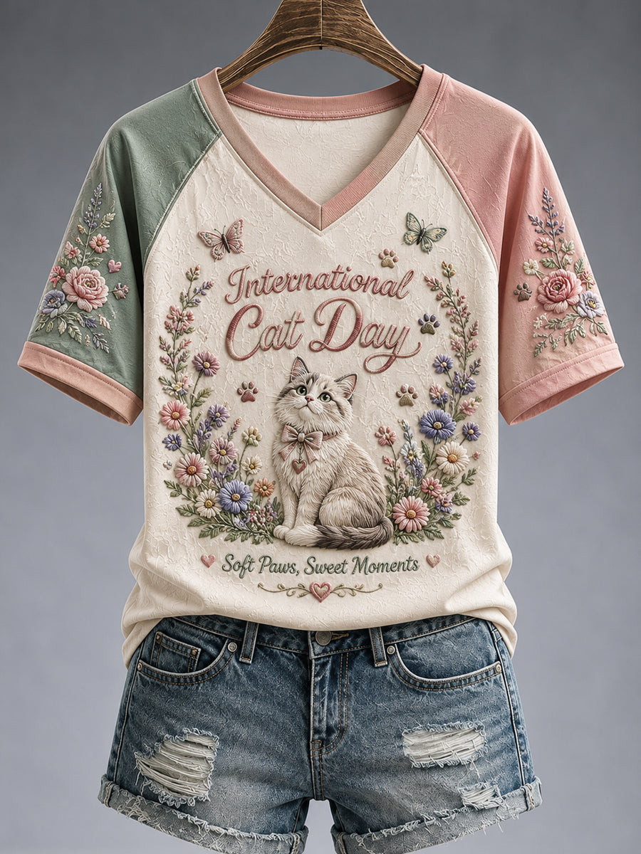 Women’s International Cat Day Printed Casual T-Shirt