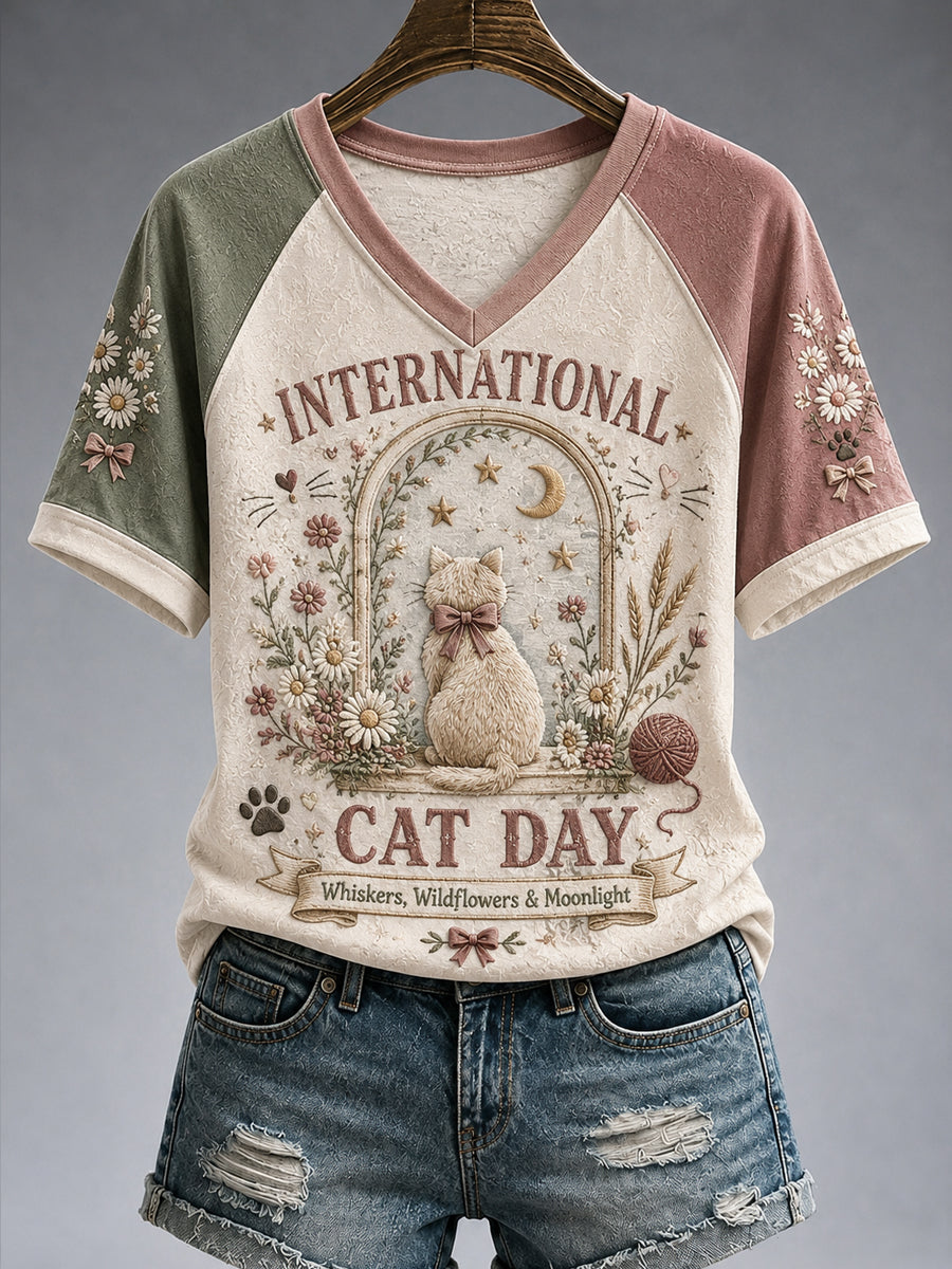 Women’s International Cat Day Printed Casual T-Shirt