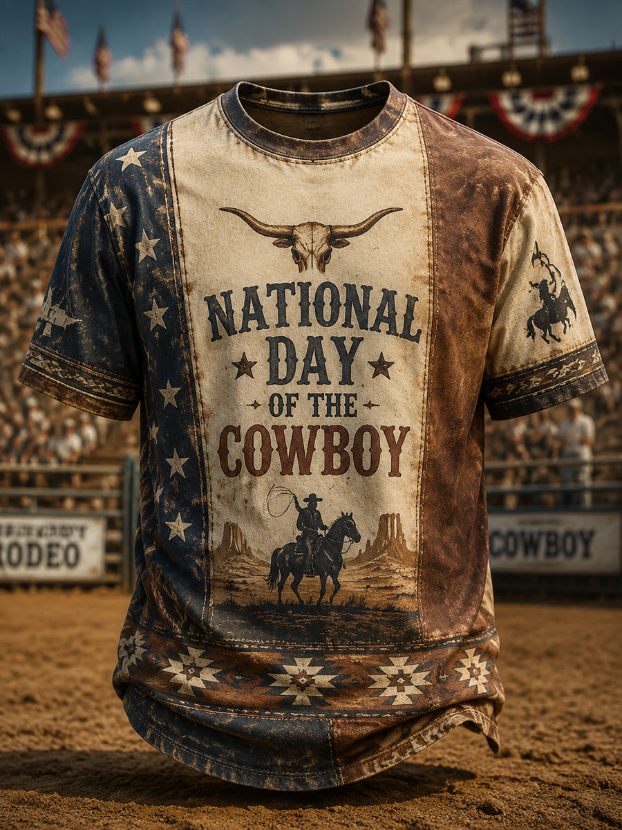 Men’s Retro National Cowboy Day Printed Casual T-Shirt