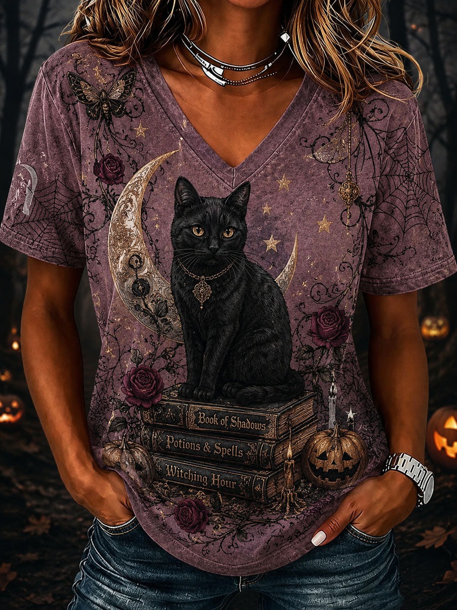 Women’ Halloween Black Cat Printed Casual Short-Sleeve T-Shirt