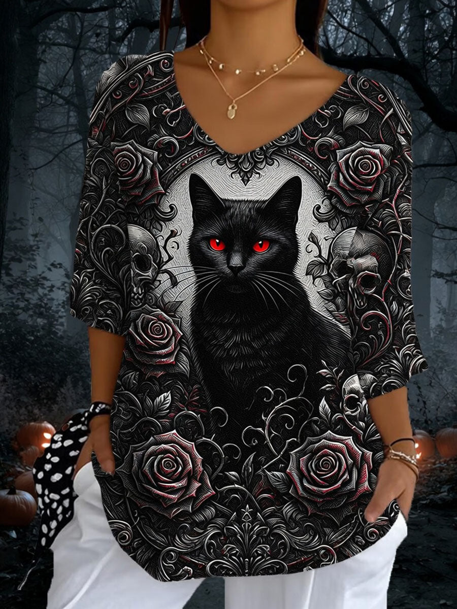 Women’ Halloween Black Cat Printed Casual Short-Sleeve T-Shirt