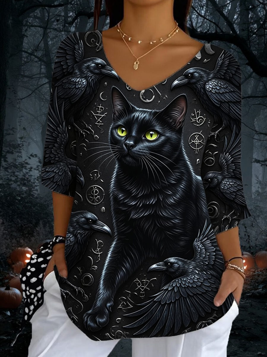 Women’ Halloween Black Cat Printed Casual Short-Sleeve T-Shirt