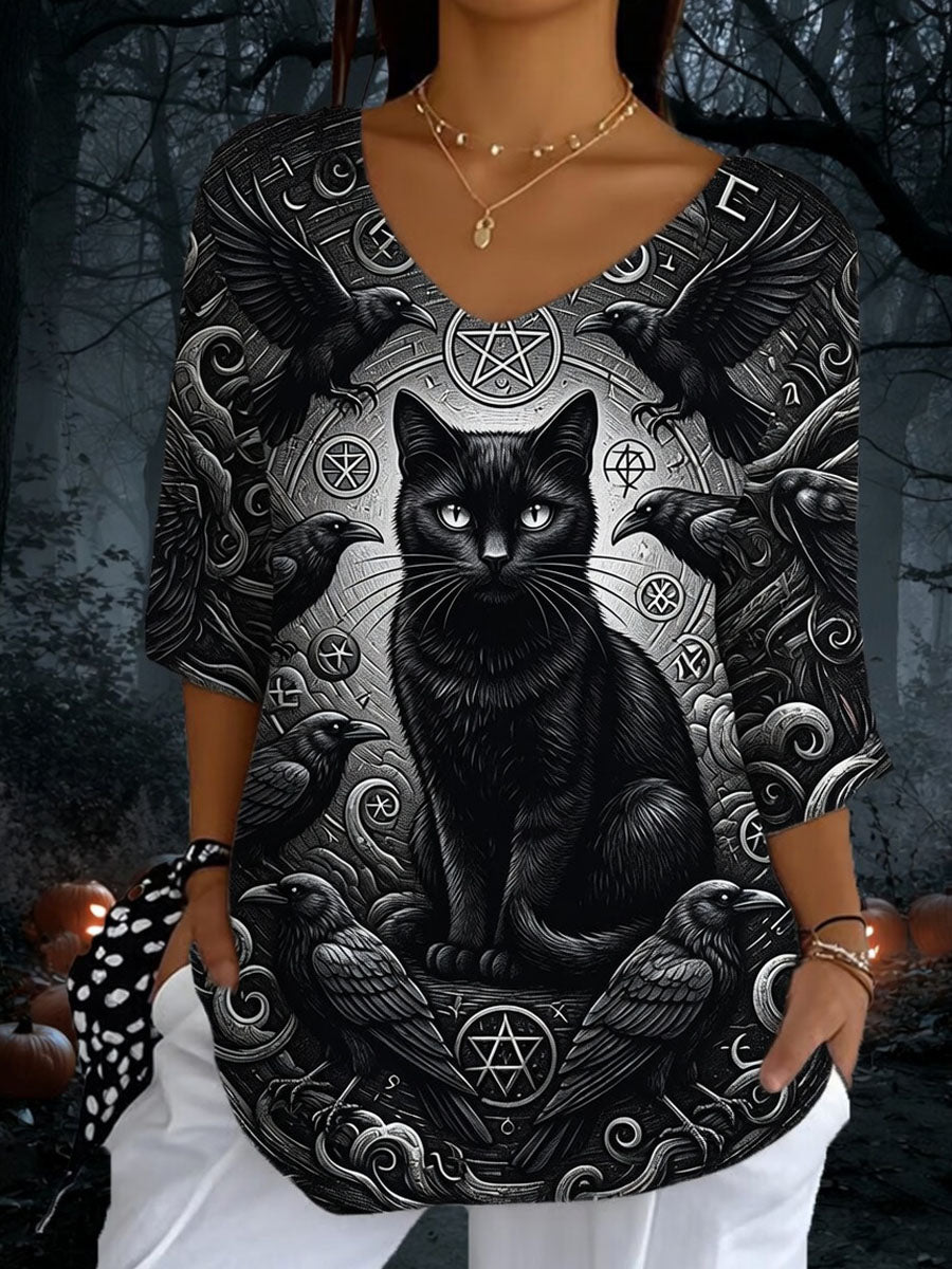 Women’ Halloween Black Cat Printed Casual Short-Sleeve T-Shirt