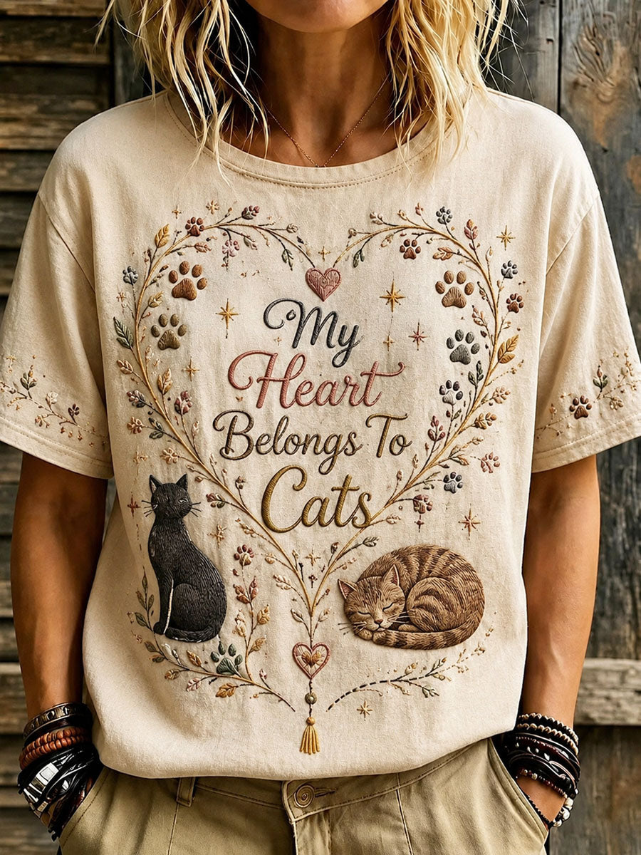 Women’s International Cat Day Art Print Loose-Fit Floral Casual T-Shirt
