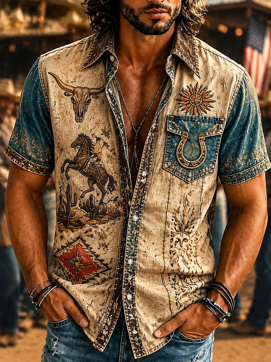 Men’s Vintage Western Cowboy Day Print Casual Short-Sleeve Shirt