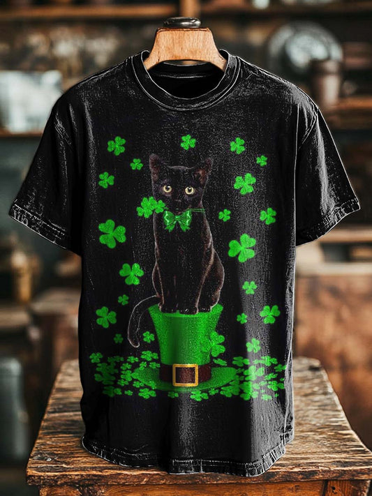 St. Patrick's Day Black Cat Print Casual Short-Sleeve T-Shirt