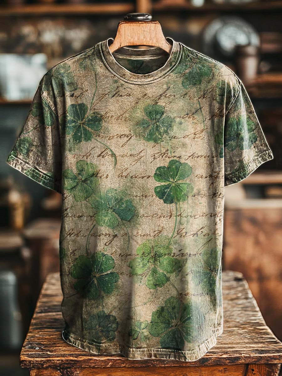 Retro Handwritten Clover Print Casual Short-Sleeve T-Shirt