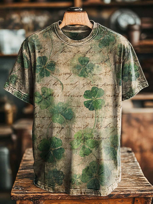 Retro Handwritten Clover Print Casual Short-Sleeve T-Shirt