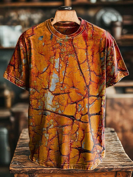 Abstract Yellow-Bottom Ore Crack Print Casual Short-Sleeve T-Shirt
