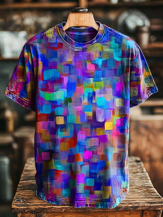 Abstract Glow Pixel Block Print Casual Short-Sleeve T-Shirt