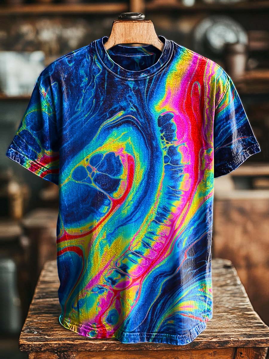 Abstract Rainbow Swirl Ink-Splash Print Casual Short-Sleeve T-Shirt