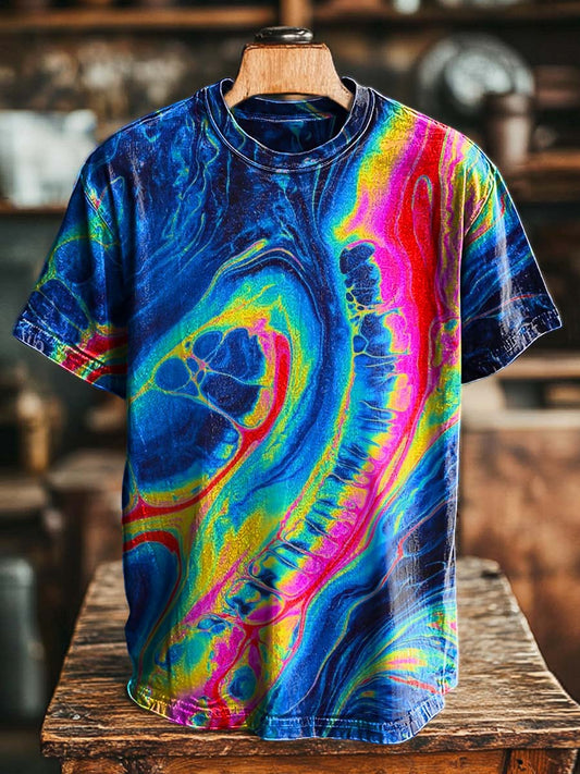 Abstract Rainbow Swirl Ink-Splash Print Casual Short-Sleeve T-Shirt