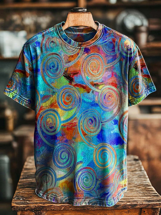 Abstract Klimt-Style Swirl Print Casual Short-Sleeve T-Shirt