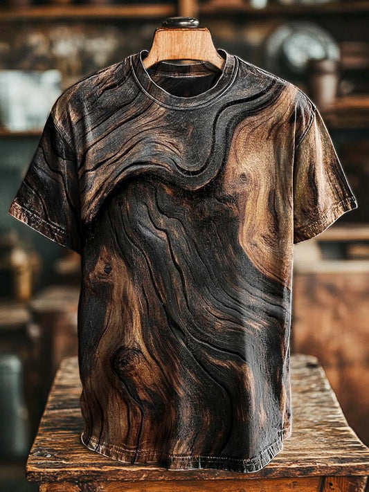 Abstract Black and Brown Wood Grain Print Casual Short-Sleeve T-Shirt