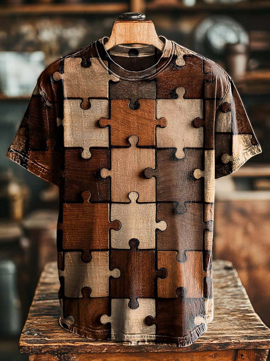 Abstract Wooden Puzzle Piece Print Casual Short-Sleeve T-Shirt