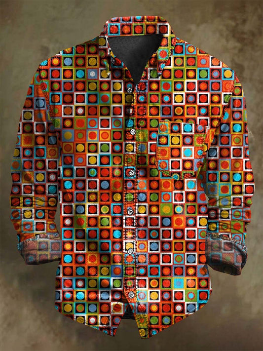 Geometric Pixel-Printed Casual Long-Sleeve Shirt